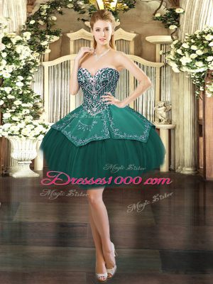 Fashionable Sweetheart Sleeveless Sweet 16 Quinceanera Dress Floor Length Beading and Appliques Dark Green Tulle