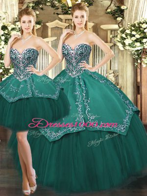 Fashionable Sweetheart Sleeveless Sweet 16 Quinceanera Dress Floor Length Beading and Appliques Dark Green Tulle