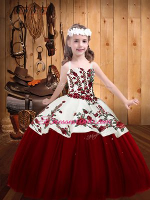 Red Tulle Lace Up Straps Sleeveless Floor Length Kids Formal Wear Embroidery