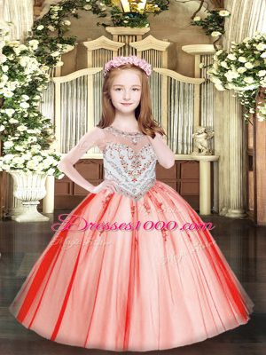 Coral Red Child Pageant Dress Party and Quinceanera with Beading and Appliques Scoop Sleeveless Zipper