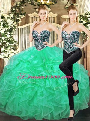 Turquoise Ball Gowns Sweetheart Sleeveless Tulle Floor Length Lace Up Beading and Ruffles Sweet 16 Dresses