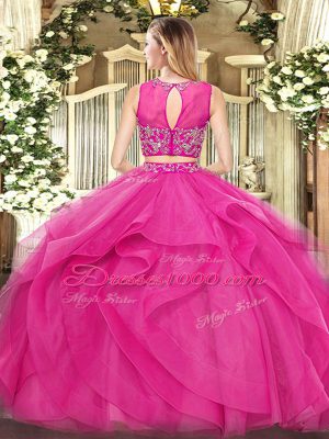 Fuchsia Tulle Zipper Scoop Sleeveless Floor Length Sweet 16 Dress Beading and Ruffles