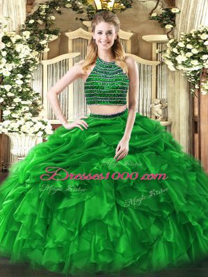 Stylish Halter Top Sleeveless Zipper Sweet 16 Quinceanera Dress Green Tulle