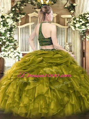 Stylish Halter Top Sleeveless Zipper Sweet 16 Quinceanera Dress Green Tulle