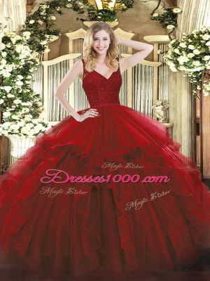 Trendy Wine Red Ball Gowns Straps Sleeveless Organza Floor Length Zipper Beading and Ruffles Quinceanera Gown