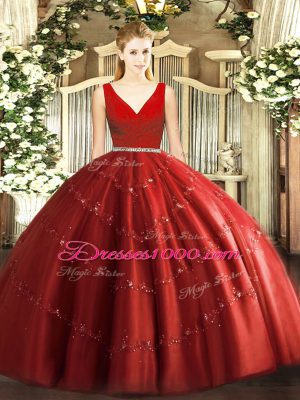 Sleeveless Floor Length Beading Zipper Sweet 16 Dress with Wine Red