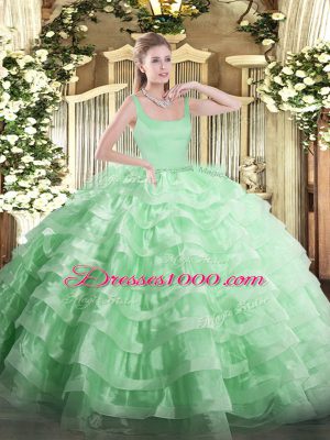 Apple Green Ball Gowns Organza Straps Sleeveless Beading and Ruffled Layers Floor Length Zipper Quinceanera Dresses