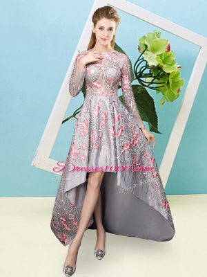 Grey Lace Zipper Scoop Long Sleeves High Low Quinceanera Court of Honor Dress Lace