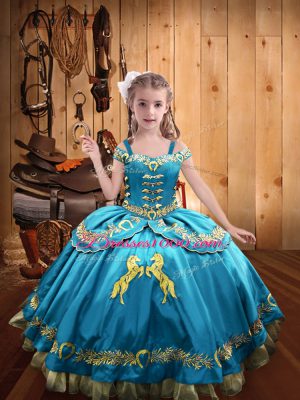 Customized Floor Length Baby Blue Little Girl Pageant Gowns Off The Shoulder Sleeveless Lace Up