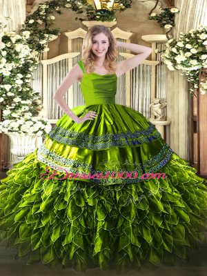 Flare Organza Straps Sleeveless Zipper Beading and Ruffles Sweet 16 Quinceanera Dress in Olive Green