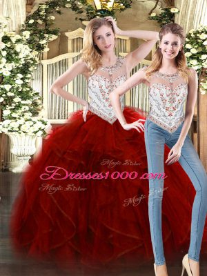 Wine Red Scoop Zipper Beading and Ruffles Quince Ball Gowns Sleeveless