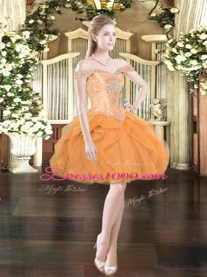 Orange Red Ball Gowns Off The Shoulder Sleeveless Tulle Mini Length Lace Up Beading and Ruffles Prom Evening Gown
