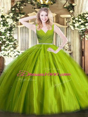 Stunning Ball Gowns Quinceanera Gown Olive Green V-neck Tulle Sleeveless Floor Length Zipper