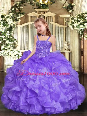 Best Lavender Casual Dresses Party and Sweet 16 and Quinceanera and Wedding Party with Beading and Ruffles Straps Sleeveless Lace Up