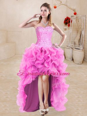 Floor Length Rose Pink Quinceanera Gown Organza Sleeveless Beading and Ruffles