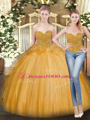 Captivating Gold Ball Gowns Sweetheart Sleeveless Tulle Floor Length Lace Up Beading and Ruffles Quinceanera Dress