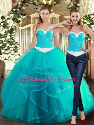 Exquisite Baby Blue Tulle Lace Up Sweetheart Sleeveless Floor Length Sweet 16 Dress Ruffles