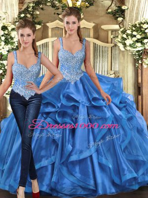 Extravagant Blue Sleeveless Beading and Ruffles Floor Length Sweet 16 Dress