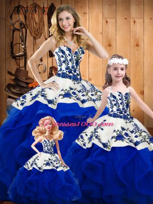 Embroidery and Ruffles Quince Ball Gowns Royal Blue Lace Up Sleeveless Floor Length