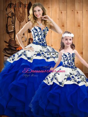 Embroidery and Ruffles Quince Ball Gowns Royal Blue Lace Up Sleeveless Floor Length