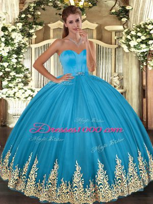 Floor Length Baby Blue Sweet 16 Dress Tulle Sleeveless Appliques