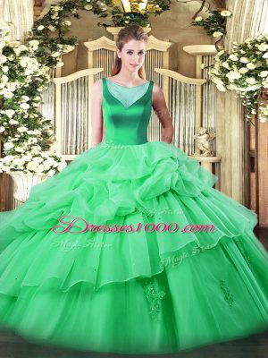 Custom Designed Scoop Sleeveless Quinceanera Dress Floor Length Beading and Appliques and Pick Ups Apple Green Organza