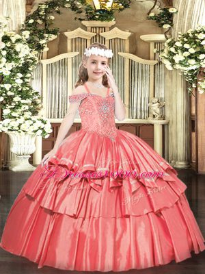 Lovely Floor Length Lace Up Little Girls Pageant Dress Wholesale Coral Red for Party and Quinceanera with Beading and Ruffled Layers