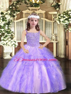 Lavender Ball Gowns Straps Sleeveless Tulle Floor Length Lace Up Beading and Ruffles Little Girls Pageant Dress Wholesale