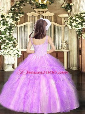 Lavender Ball Gowns Straps Sleeveless Tulle Floor Length Lace Up Beading and Ruffles Little Girls Pageant Dress Wholesale