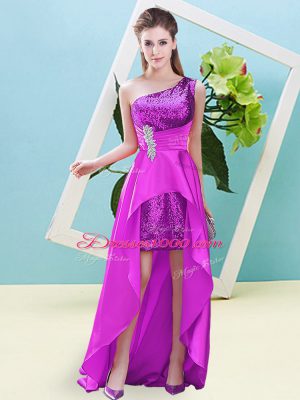 Flare High Low Fuchsia Prom Dresses Elastic Woven Satin and Sequined Sleeveless Beading and Sequins