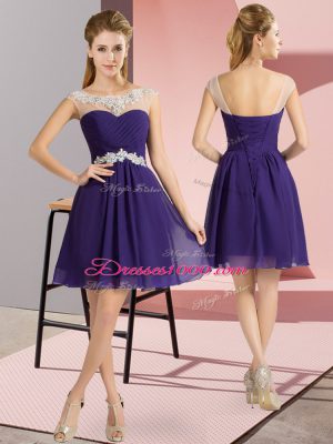 Free and Easy Purple Empire Chiffon Scoop Cap Sleeves Beading Mini Length Lace Up Evening Dress