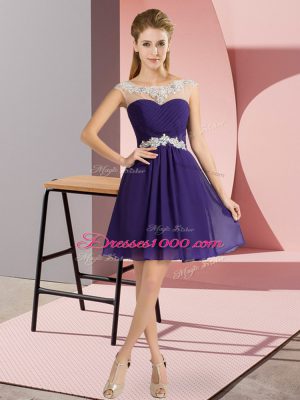 Free and Easy Purple Empire Chiffon Scoop Cap Sleeves Beading Mini Length Lace Up Evening Dress