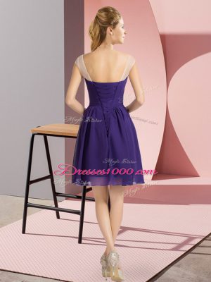 Free and Easy Purple Empire Chiffon Scoop Cap Sleeves Beading Mini Length Lace Up Evening Dress