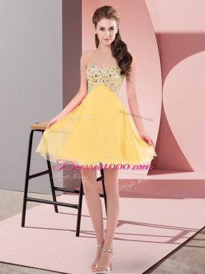Custom Design Gold Lace Up Prom Dresses Beading Sleeveless Mini Length