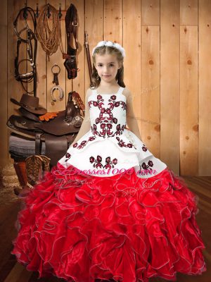 Customized Embroidery and Ruffles Little Girl Pageant Gowns Red Lace Up Sleeveless Floor Length