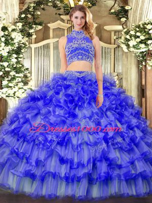 Blue Two Pieces High-neck Sleeveless Tulle Floor Length Backless Beading and Ruffled Layers Quinceanera Dress