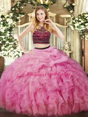 Rose Pink Sleeveless Floor Length Beading and Ruffles Zipper Sweet 16 Dresses