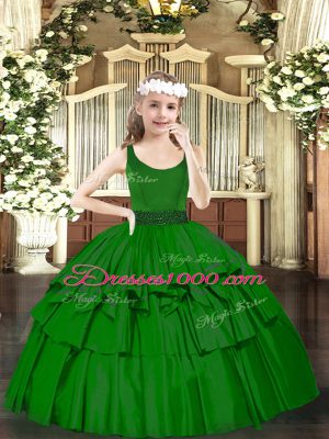 High End Dark Green Organza Zipper Scoop Sleeveless Floor Length Pageant Gowns Beading