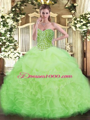 Artistic Floor Length Lace Up Quince Ball Gowns Yellow Green for Military Ball and Sweet 16 and Quinceanera with Beading and Ruffles