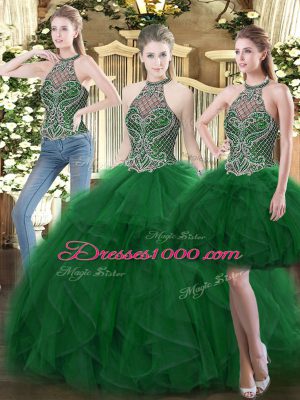Floor Length Dark Green Sweet 16 Dress High-neck Sleeveless Lace Up