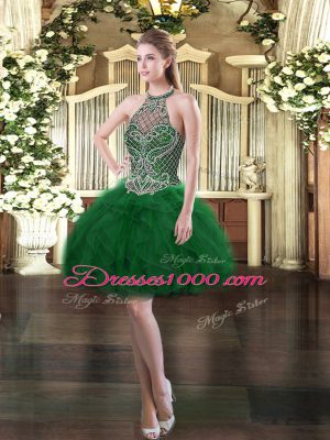 Floor Length Dark Green Sweet 16 Dress High-neck Sleeveless Lace Up