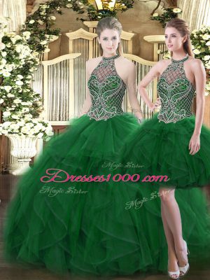 Floor Length Dark Green Sweet 16 Dress High-neck Sleeveless Lace Up