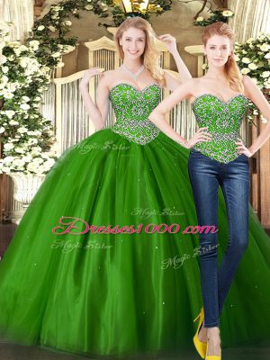 Dark Green Lace Up Sweetheart Beading Sweet 16 Quinceanera Dress Tulle Sleeveless
