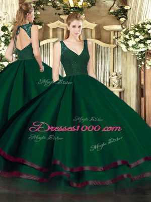 Best V-neck Sleeveless Tulle 15 Quinceanera Dress Beading and Ruffled Layers Zipper