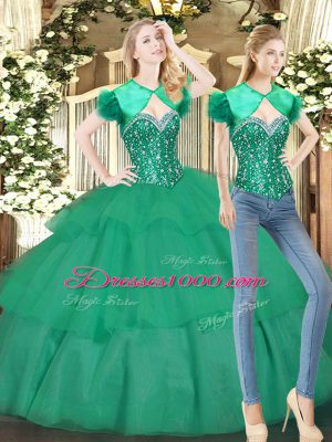 Fancy Sweetheart Sleeveless Sweet 16 Quinceanera Dress Floor Length Beading and Ruffled Layers Turquoise Tulle