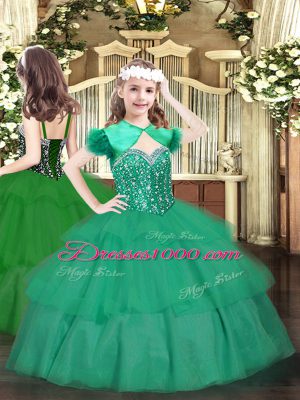 Nice Floor Length Turquoise Winning Pageant Gowns Organza Sleeveless Beading and Ruffled Layers