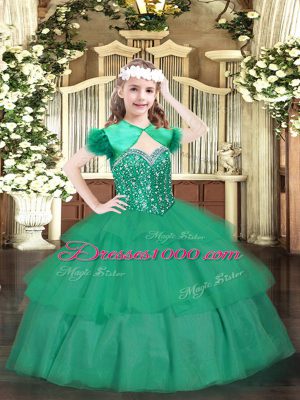 Nice Floor Length Turquoise Winning Pageant Gowns Organza Sleeveless Beading and Ruffled Layers