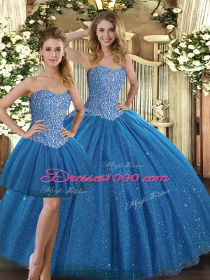 Floor Length Teal Vestidos de Quinceanera Tulle Sleeveless Beading