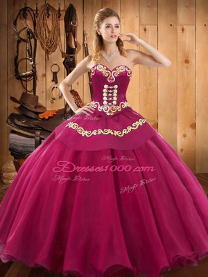 Latest Fuchsia Ball Gowns Sweetheart Sleeveless Tulle Floor Length Lace Up Ruffles Quinceanera Dress