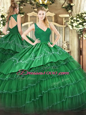 Smart Ball Gowns Ball Gown Prom Dress Green V-neck Satin and Tulle Sleeveless Floor Length Zipper